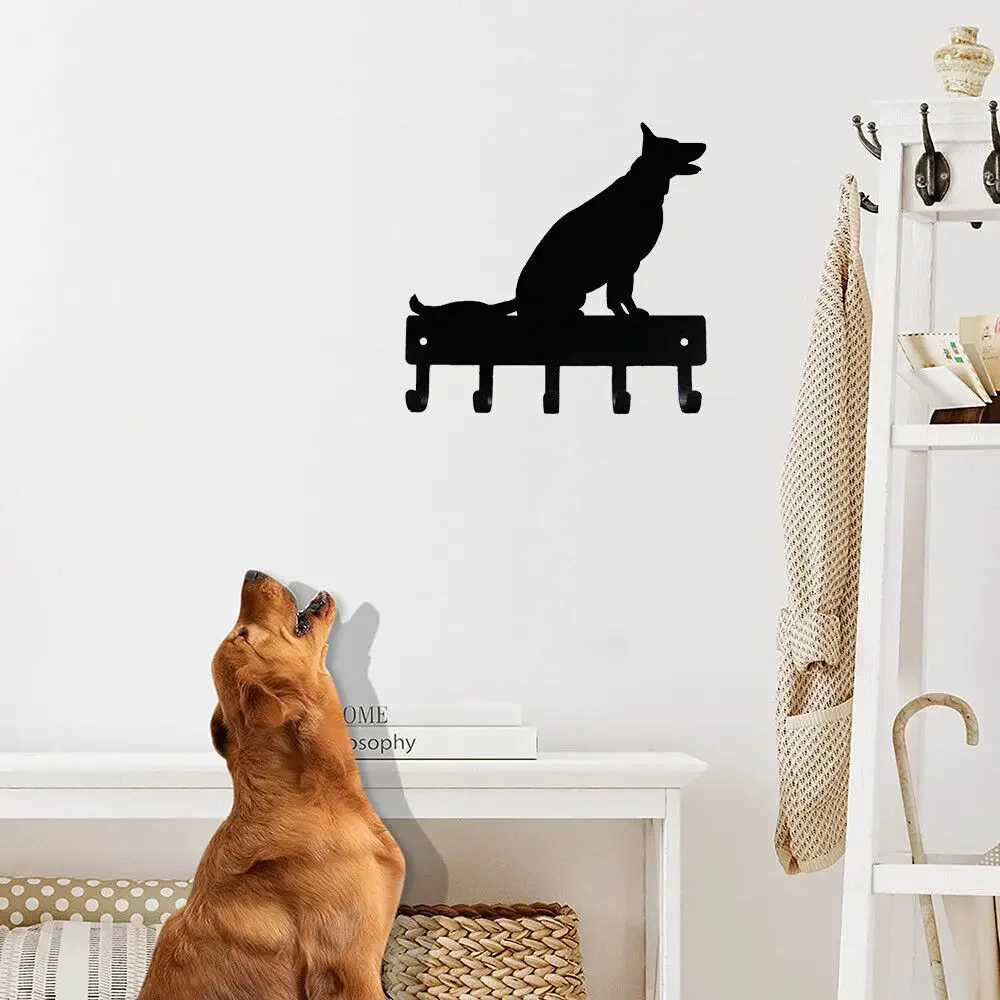 CIFBUY Metal Wall Art German Shepherd Sitting Key Rack Dog Leash Hanger Iron Sculpture Wall Mounted Hooks Key Holder Home