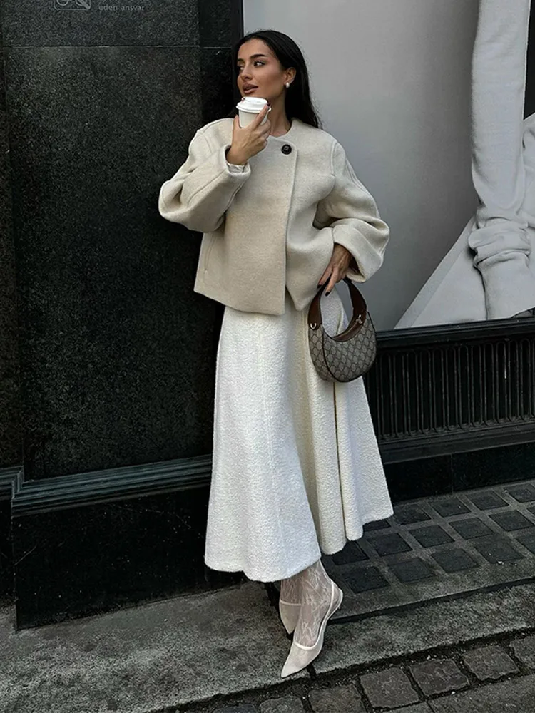 Casual Round Neck One Button Woolen Coats For Women Fashion Solid Long Sleeves Short Jackets 2024 Autumn Warm Lady Outwears