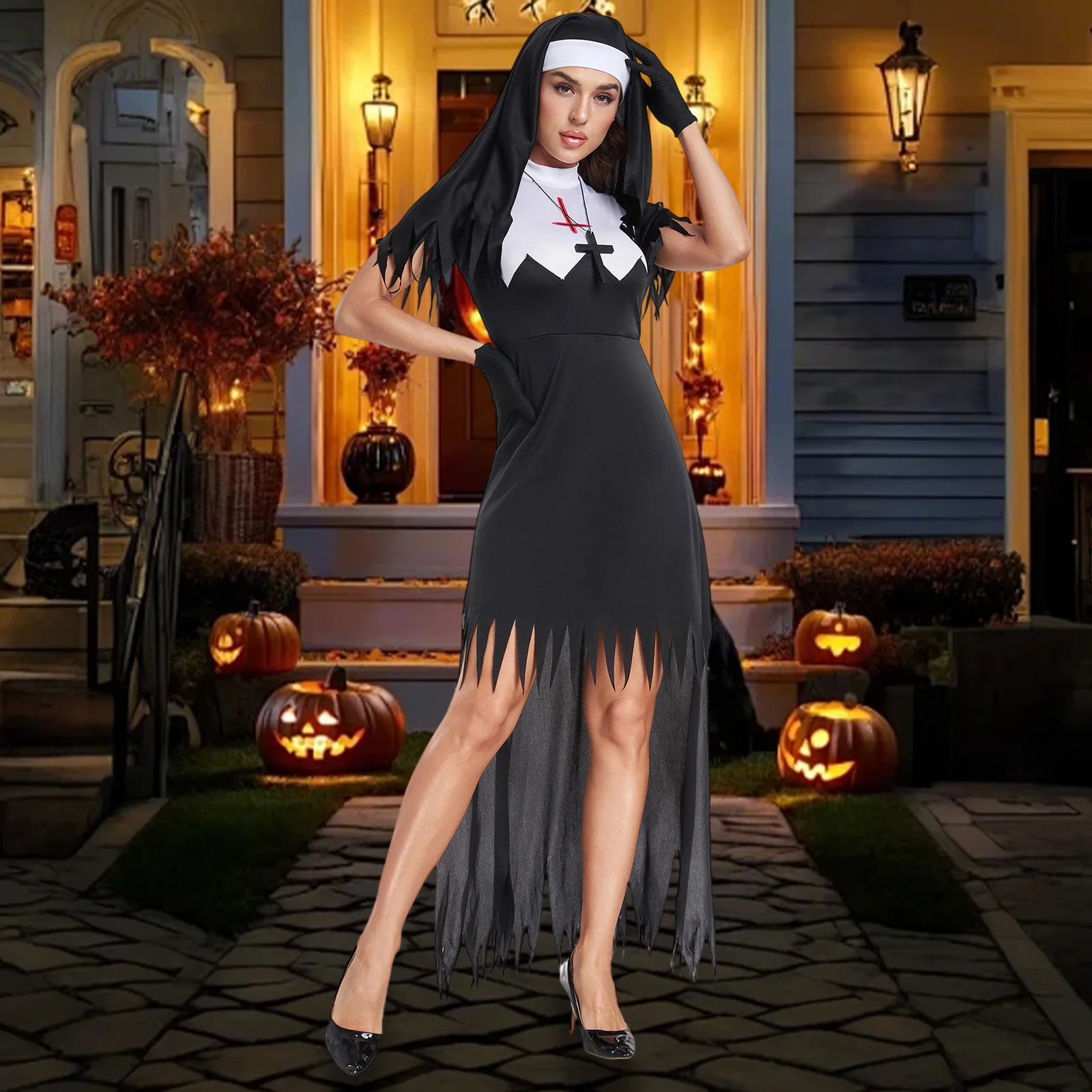 

2025 женский костюм монахини на Хэллоуин, длинное платье с кисточками и короткими рукавами + шляпа + перчатки + ожерелье, праздничная одежда для косплея священника