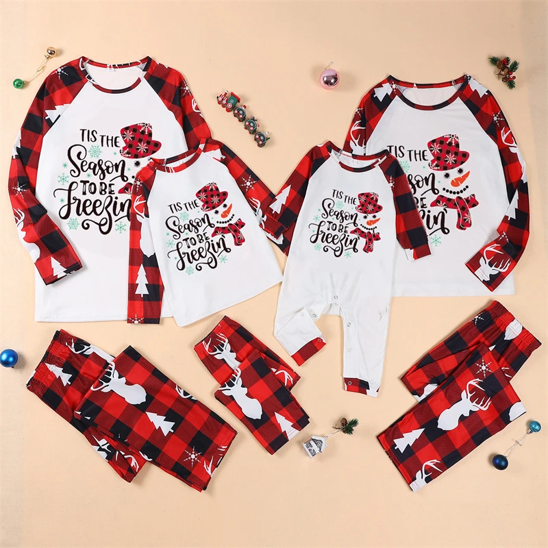 

2024 Snowman Christmas Family Matching Outfits Look Father Mother Kids Baby Pajamas Sets Plaid Mommy and Me Xmas Pj's Clothes