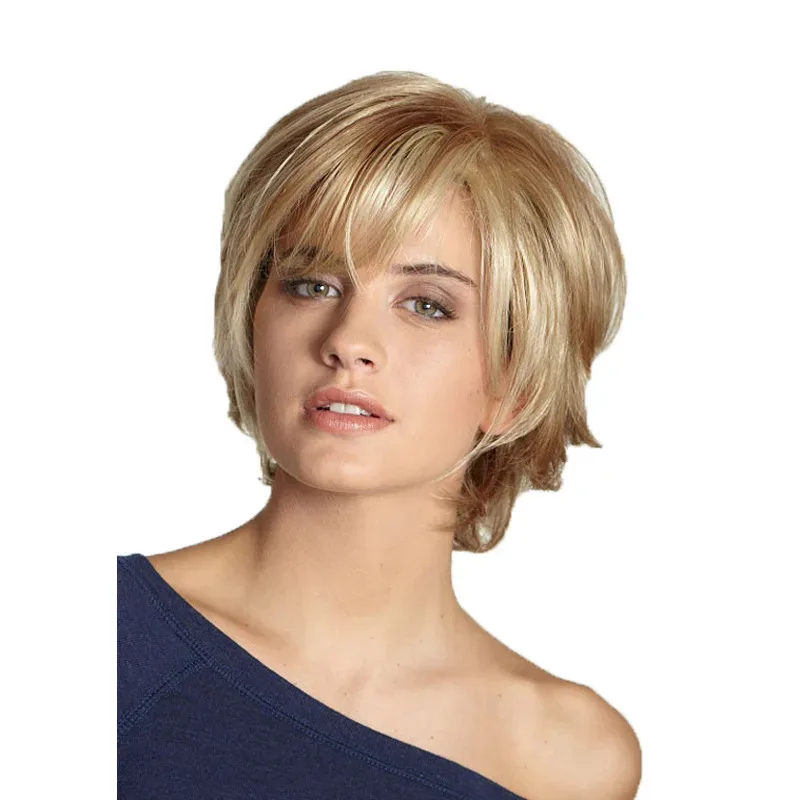 

Wig Fashionable Women'S Synthetic Wig, Short Straight Hair, Fluffy Side-Swept Bangs, Golden High-Temperature Silk Wig Head C