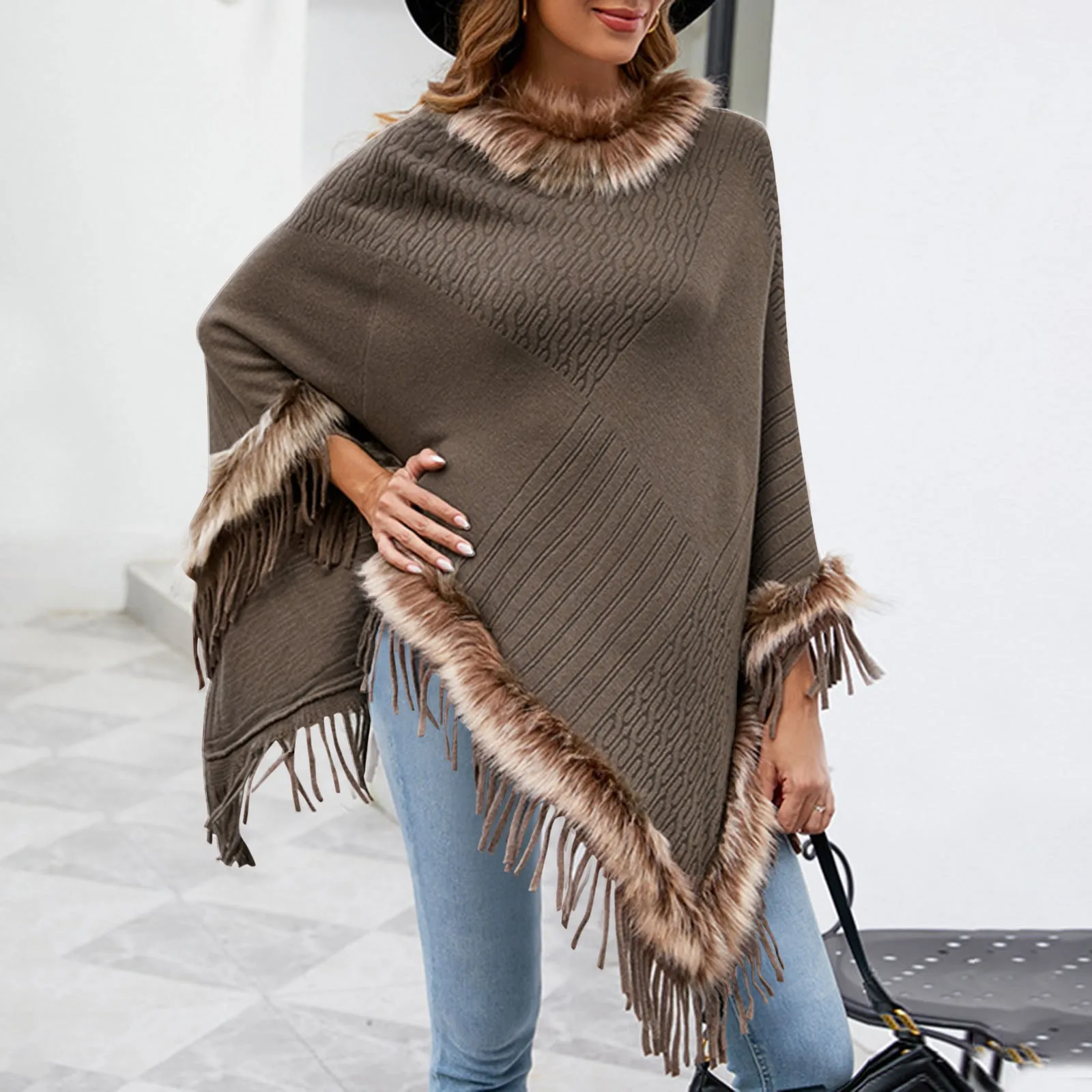 

Fur Collar Tassel Knitted Ponchos Capes Solid Color Women's Coat Knitwear Women Autumn Winter Warm Wool Fringe Poncho Cloaks