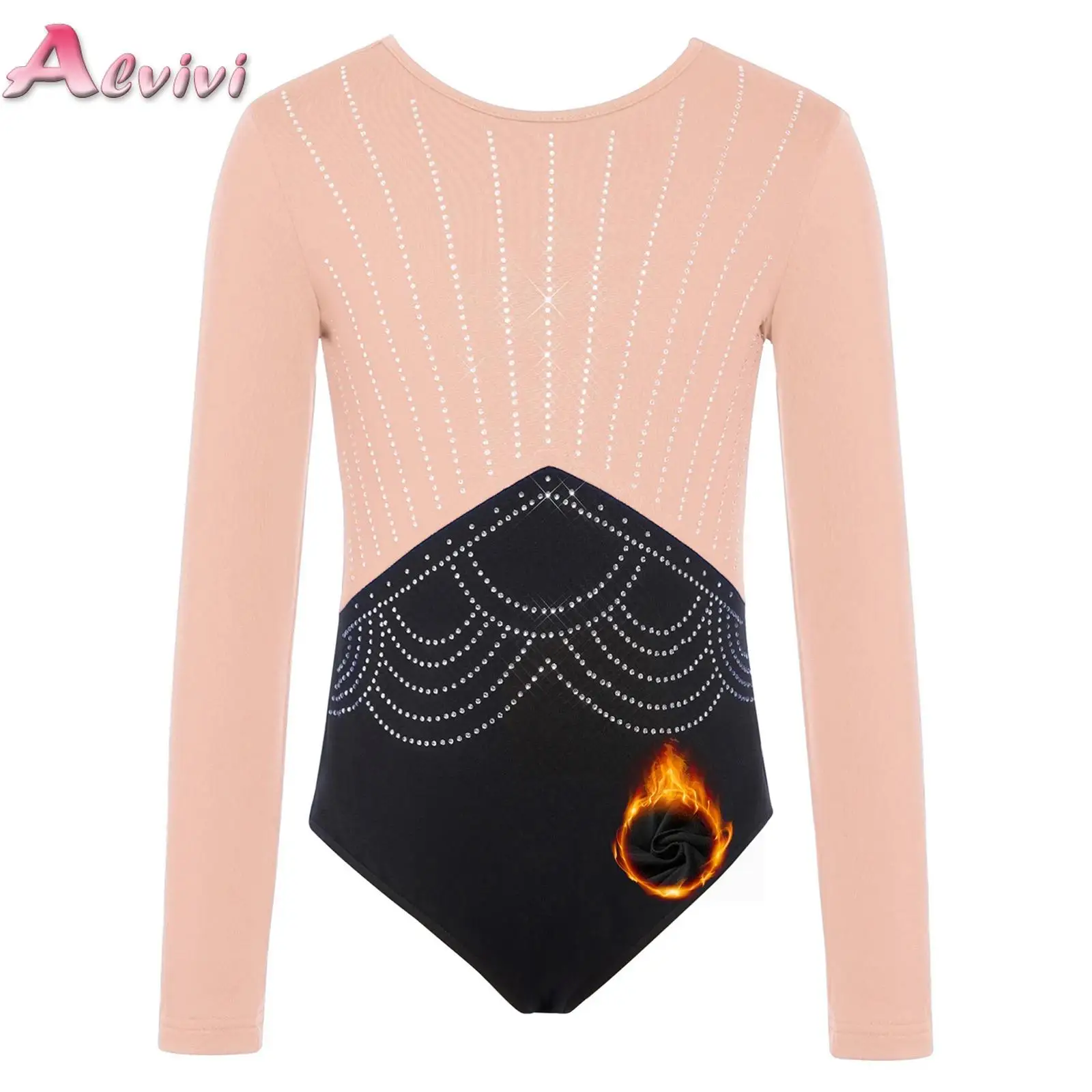 

Kids Girls Fleece Lined Dance Leotard Gymnastics Figure Skating Stage Costume Long Sleeves Shiny Rhinestones Bodysuit Dancewear