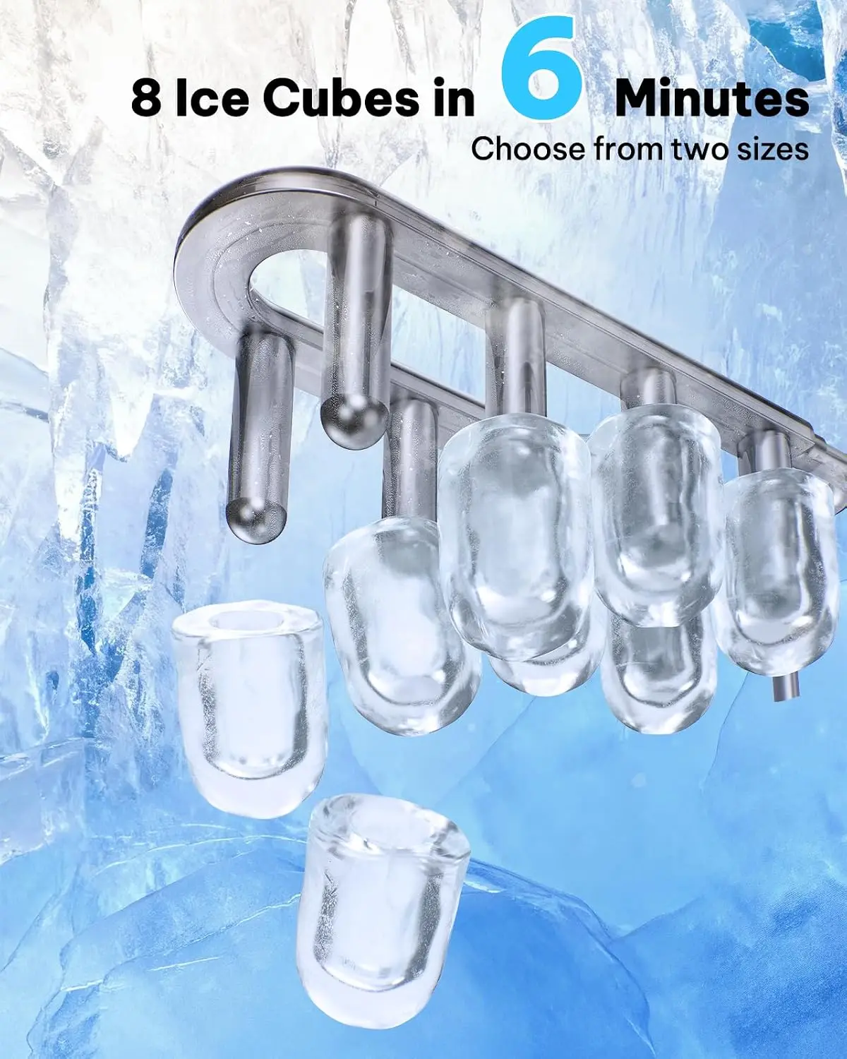 Countertop Ice Maker, Makes 8 Bullet Ice Cubes in Just 6 Minutes, 26.5 Lbs per Day, with 2 Size Options, Self-Cleaning and Portable for Kitchen, Office, Party, RV Camping