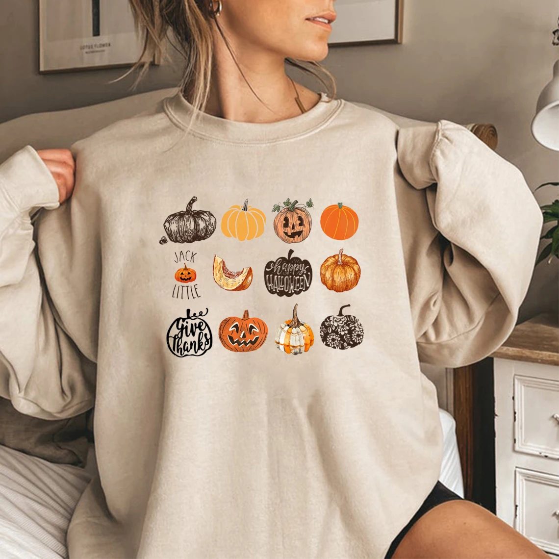 Halloween Sweatshirt Fall Harvest Pumpkins Jack O Lantern Unisex Sweatshirt Women\'s Fall Gift Harajuku Unisex Graphic Sweatshirt