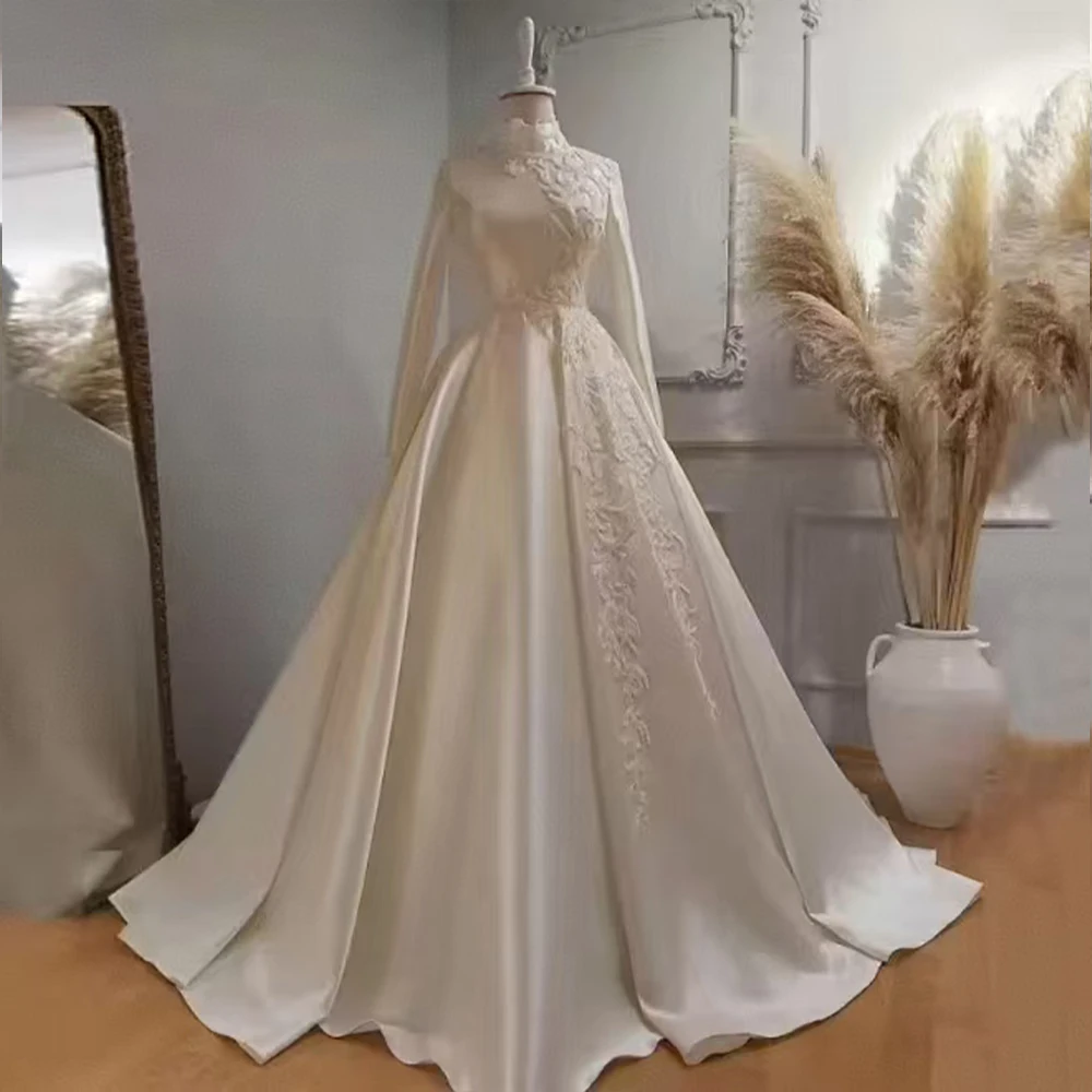 

Muslim Wedding Dresses with High Neck Long Sleeve A-Line for Bridal Gown Appliques Sweep Train Modest Woman Dress Customized