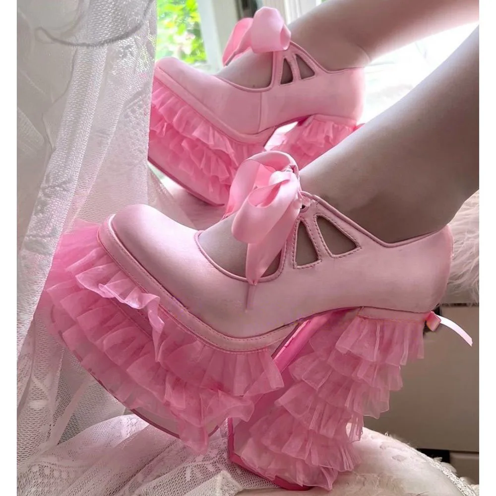 Sweet Satin Ruffles Platform Lolita Pumps Women Round Toe Pink Chunky Heels Skirt Shoes Female Ribbon Butterfly Lace Up Shoes