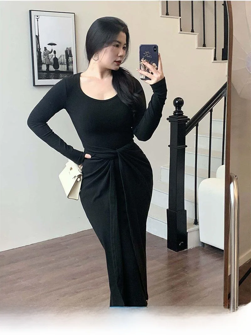 

Spring New plus Size Women's Dr Belted Waist Long Sve Slit A-Line Skirt High Waist Commute Sle Casual Simple Design
