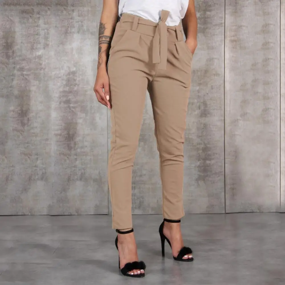 Casual Women Pants Solid Color Belted Elastic High Waist Long Trousers Women's Pants Female Straight Trousers