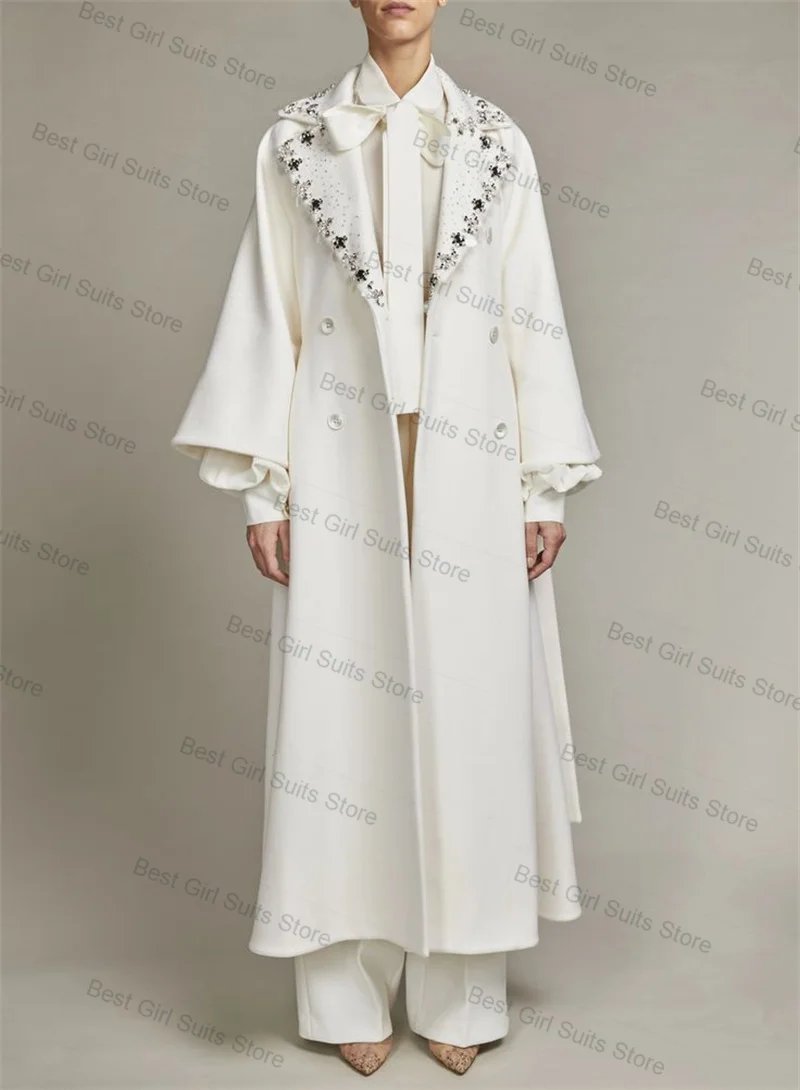 

Crystals White Cashmere Women Suit 1 Pcs Long Blazer Wool Prom Dress Winter Formal Office Lady Jacket Customized Wedding Coat