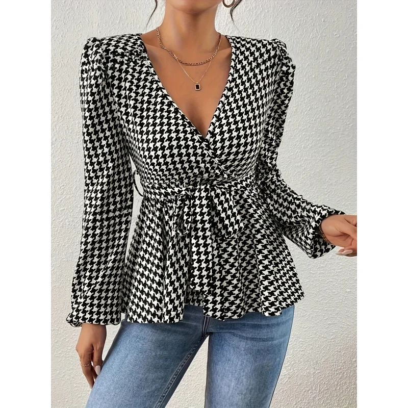 Elegant Houndstooth Print Blouse with Deep V-Neck, Polyester Blend, Long Sleeve, Belted Waist, Spring/Summer/Fall Collection - C