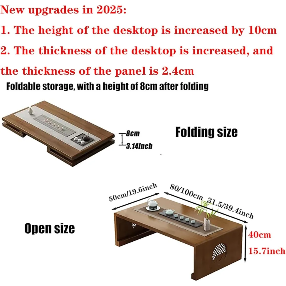 طاولة أرضية يابانية من الخشب الصلب مع ميزة قابلة للطي من الخيزران، طاولة قهوة محمولة منخفضة التاتامي لسهولة الإعداد