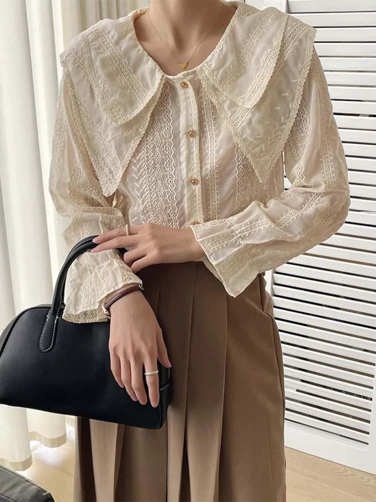 Sweet Style Double Layered Doll Neck Lace Casual Shirt Fashion All Match Long Sleeve Top Women 2024 Spring Summer X776