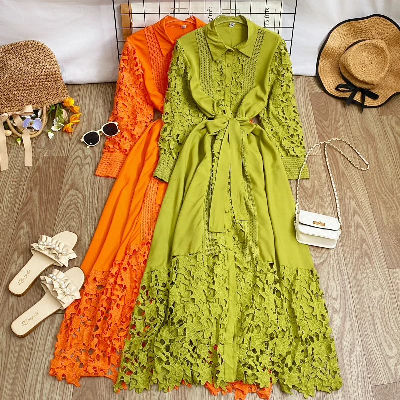 

Длинное кружевное платье для похудения с рукавами-колокол и поясом, винтажное, на пуговицах, повседневное, А-силуэт, для женщин