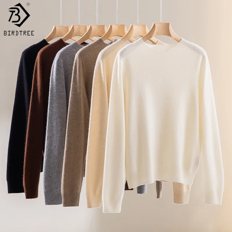 

Birdtree, 70% овечья шерсть, 30% кашемировый вязаный свитер, женский трикотаж с круглым вырезом и длинными рукавами, осенний теплый пуловер 2025 T5O509JF