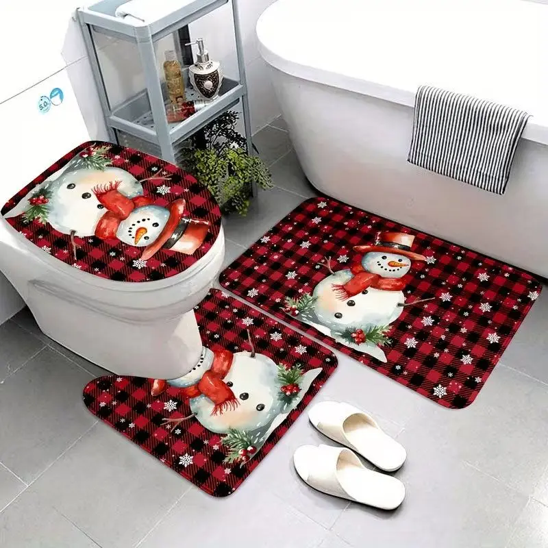 VIKAMA Cute Snowman Toilet Mat on Red Black Buffalo Check, Winter Snowflake Bath Rug for Bathroom Toilet Xmas Home Decor