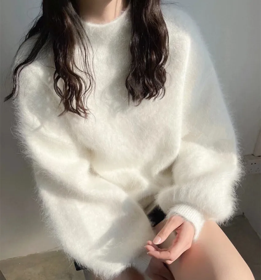 2022 Fashion Autumn Winter Blue Knitted Mohair Pullovers Korean Women Soft Mink Cashmere Mock Neck Lantern Sleeve Loose Sweaters