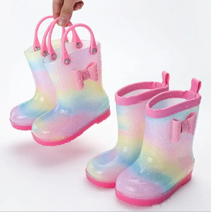 Fashion Kids Girl Rainbow Bowknot Waterproof boots Soft Non Slip Boys Rain boots Wearable Cute Children Water Shoes