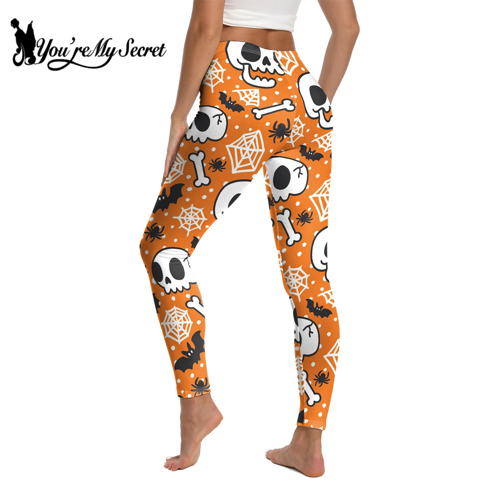 [You\'re My Secret] Summer Halloween Cosplay Pumpkin skull Print Leggings Tight Elastic High Waist Slim Skinny Pants Party Bottom