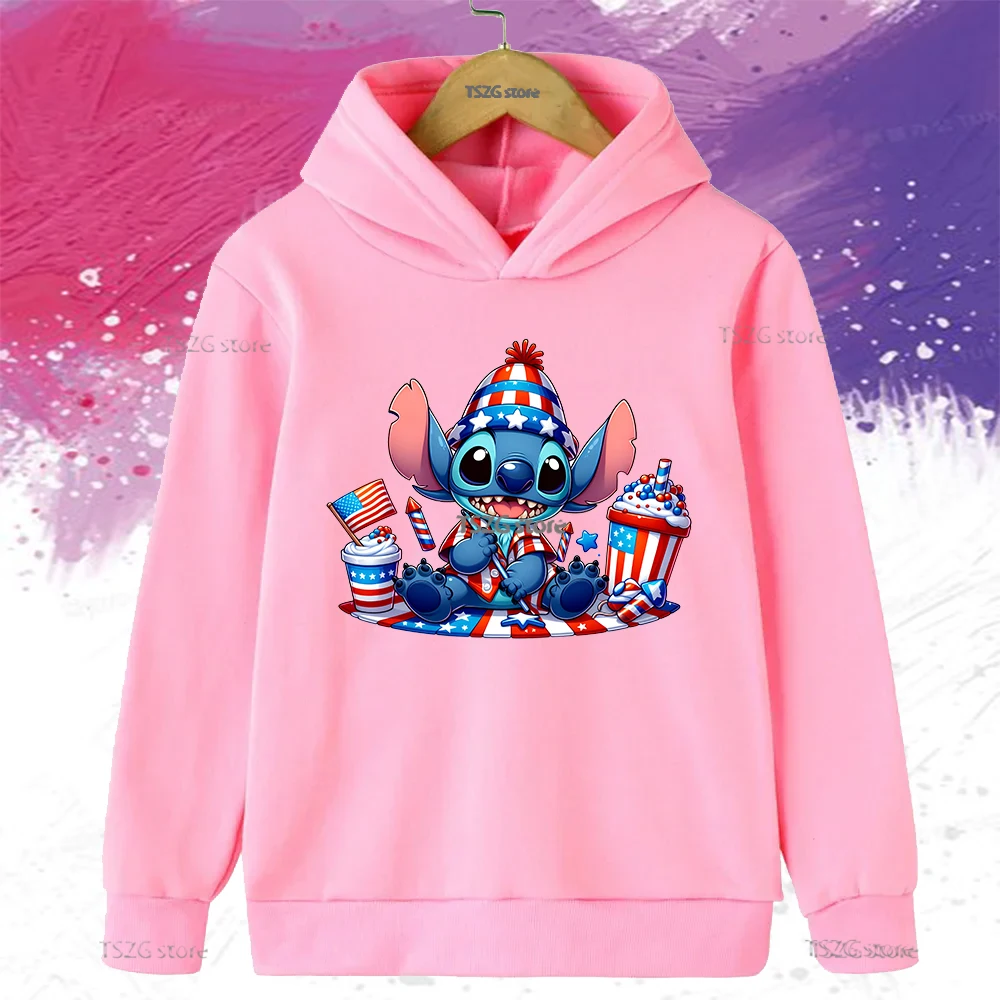 Autumn Cartoon Disney Stitch Fireworks cute Print Kids Hoodies Casual Hooded Children Sweatshirt Long Sleeve Boys Girls Pullover
