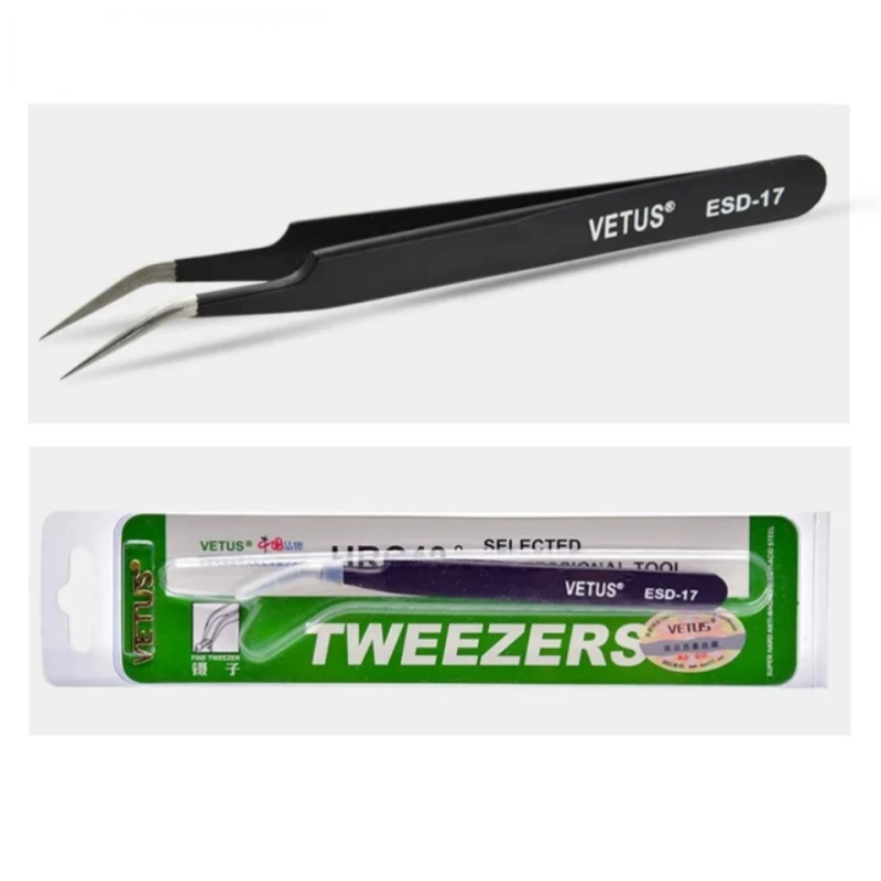 VETUS Original ESD Series ESD-17 (115mm) Anti-static High-precision Stainless Steel Tweezers Anti-acid Alkali Resistant Pincers