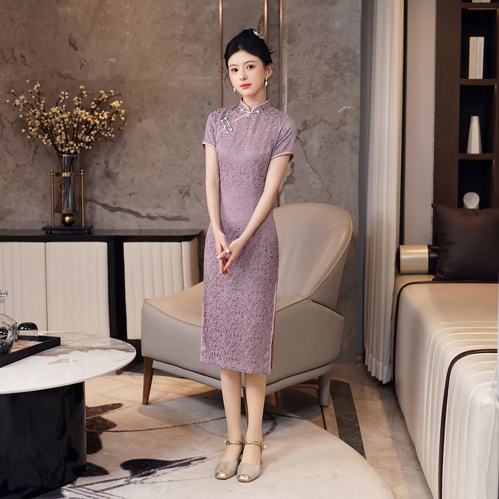 Women Chinese Style Qipao Purple Short Sleeve Vintage Button Chinese Dress Mandarin Collar Slim Cheongsam Elegant Tight Vestidos