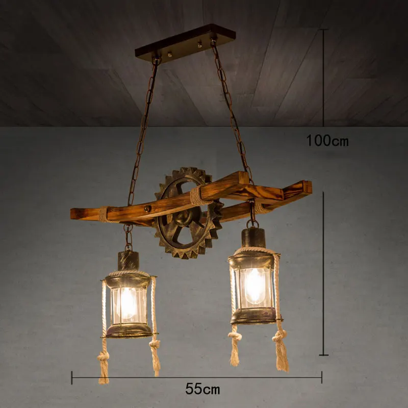 American Vintage Chandelier Retro Cafe Bar Restaurant Wooden Loft Pendant Lamp Creativity Gear Industrial Hanging Glass Light