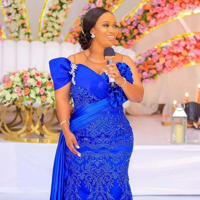 Magnifique robe de bal sirène en dentelle bleue, robe d'occasion formelle africaine avec traîne de balayage, robe de réception de mariage Aso ebi à volants