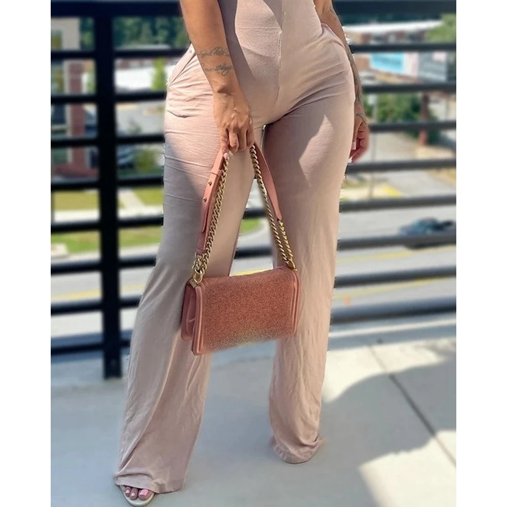 Women U Neck Sleeveless Pocket Design Jumpsuit Summer Sexy Lady Solid Color Wide Leg Spaghetti Strap Skinny Jumpsuit y2k