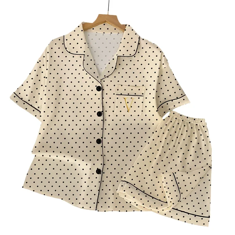 Letter Dot Print Korean Sweet Home Wear Woman Casual Simple Fashion Two Pieces Pajamas Set New Summer New Short Women's Pajamas 5