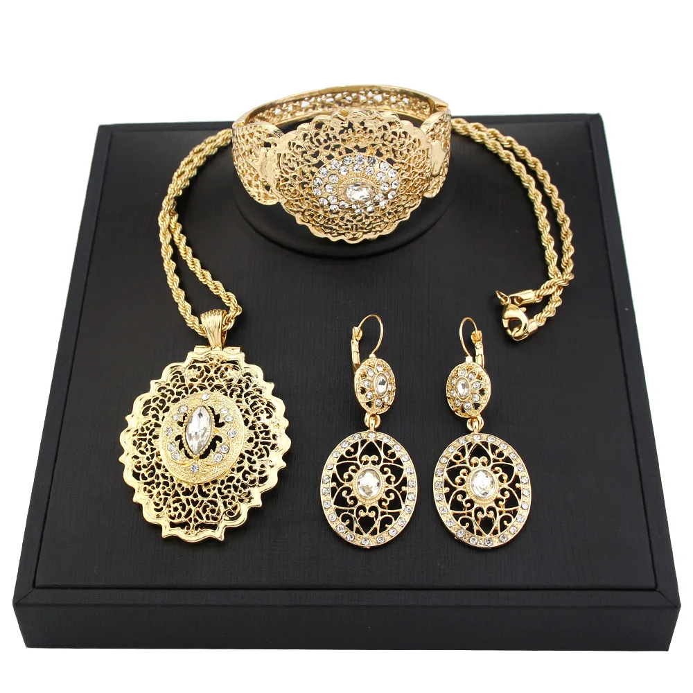 Sunspicems Gold Color Morocco Women Jewelry Sets Drop Earring Necklace Bracelet Arab Bride Wedding Jewel Hollow Arabesque Bijoux