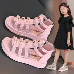 Girls Sandals 2024 Summer New Fashion Children Roman Shoes High Top Back Zipper Princess Kids Shoes Baby PU Solid Color Sandals