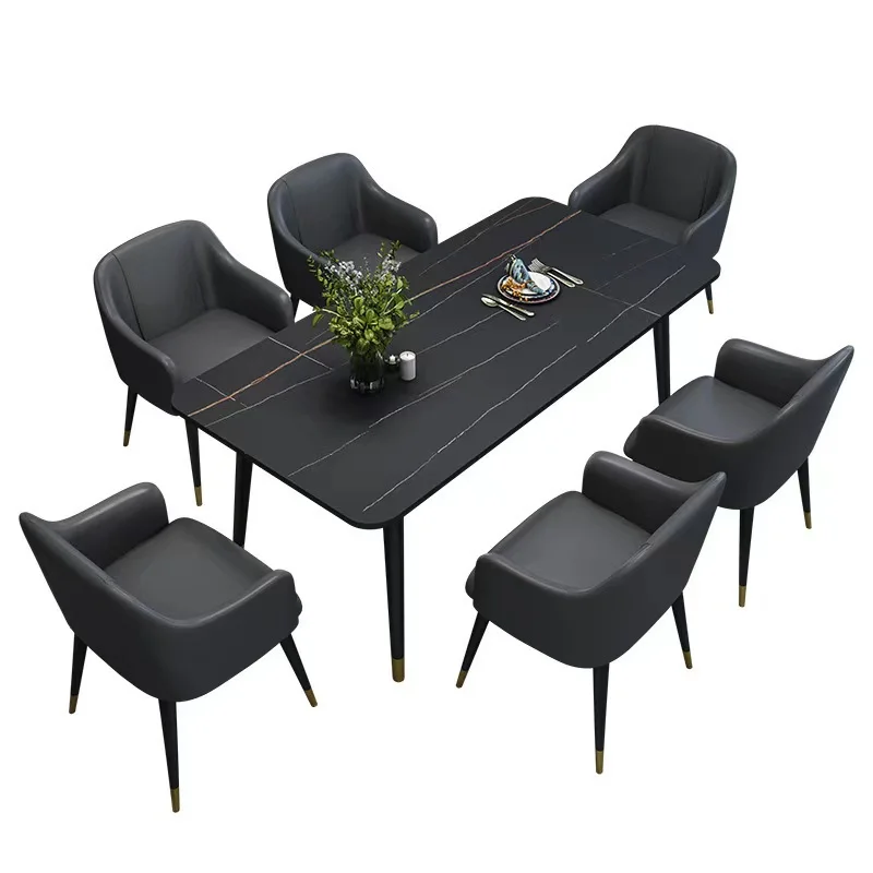 

^%Modern Europe Style Rock Stone Dining Table Set with 6 Chairs Home and Hotel Furniture for Dining Room or Warehouse Use