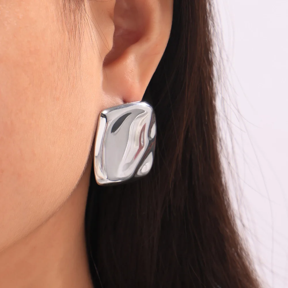 

Square Folded Smooth Surface Titanium Steel 8K Gold Plated Earrings Simple Design High End Personali Faion Jewelry