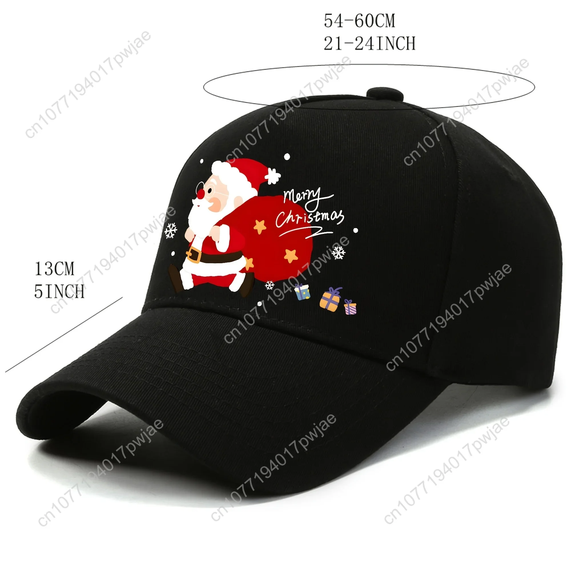 Men's Red Santa Claus Baseball Cap with White Cursive Merry Christmas Lettering & Santa Riding Sleigh Design - djustable Snapbac view 2