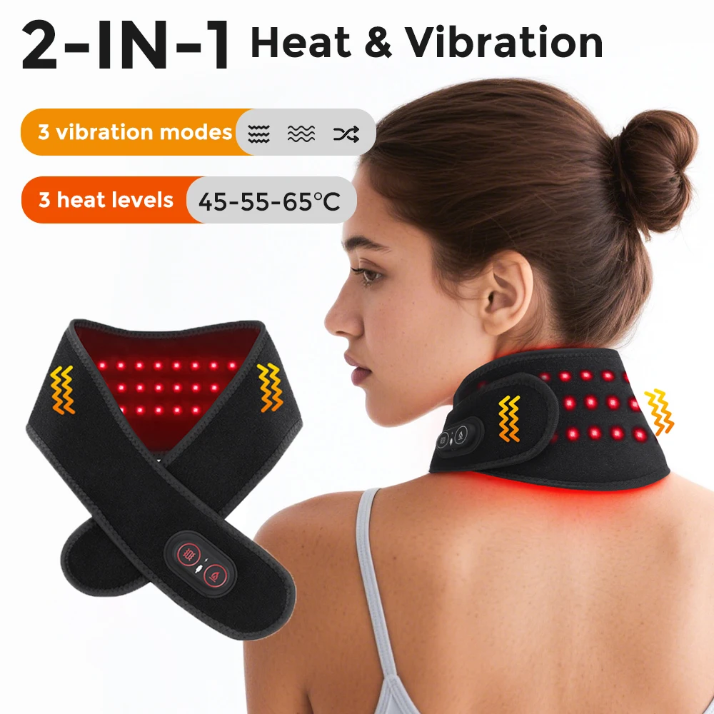 

Cordless Heated Neck Wrap Electric Vibration Heating Massage Pad Red Light Cervical Massager Relieve Shoulder Neck Fatigue
