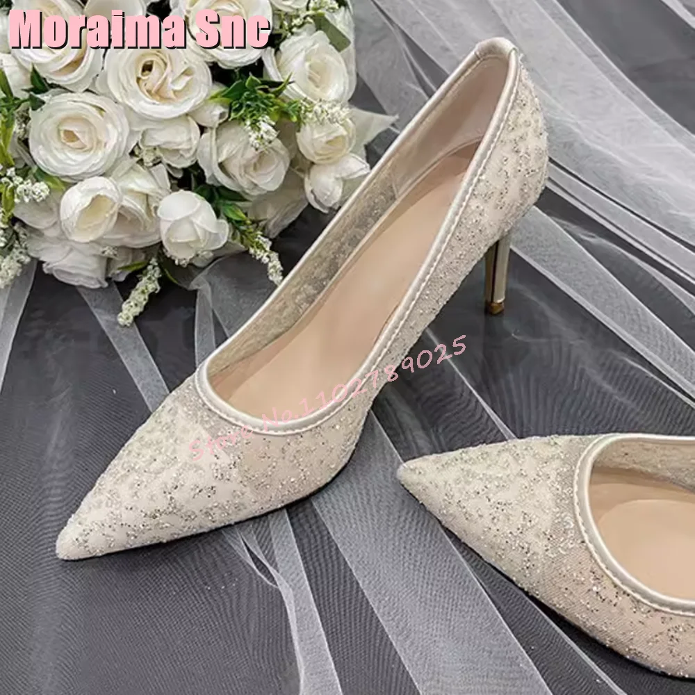 Bling Mesh Pointed Toe Shallow Pumps Sequined Stiletto High Heel Slip On Sexy Concise Women\'s Wedding Shoes White Solid 2024 New