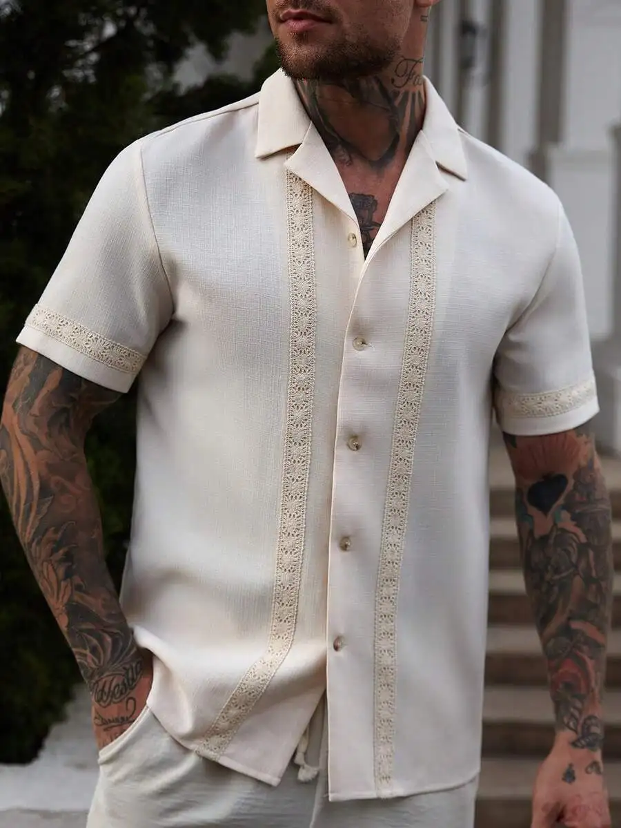 

Men's Beige Short Sleeve Button-Up Shirt with Lace Trim Detail