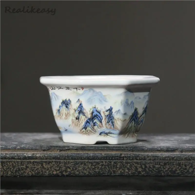 6 Size Chinese Rectangular Hand-Painted Succulent Flower Pot Ceramic Bonsai Pot Household Desktop Decorative Flower Pot LE374