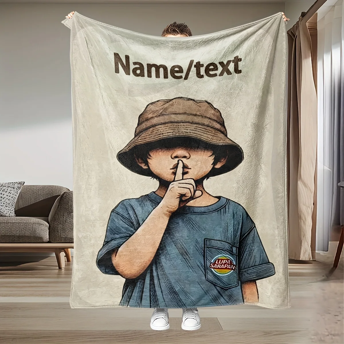 Custom name cute little boy flannel blanket, suitable for sofa, bed, birthday, children, friends, gift