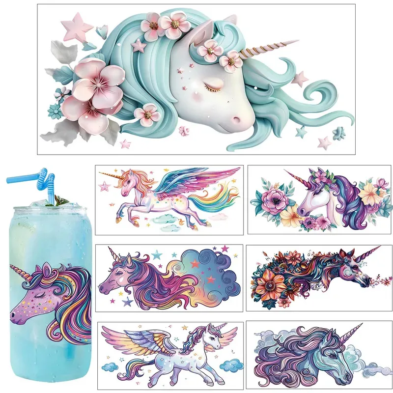 24 Style Cute Vibe Elegant and Pure Unicorn UV Party DIY Decals 3D transfers uvdtf tumbler seal stickers 16oz uv dtf cup wraps