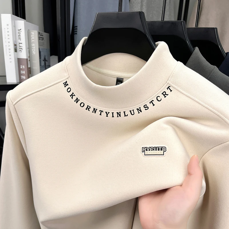 Man Luxury Long Sleeves T-Shirt Mock Neck Polar Fleece Letter Print Pullover Soft Skin-Friendly Winter New Leisure Mens Clothing