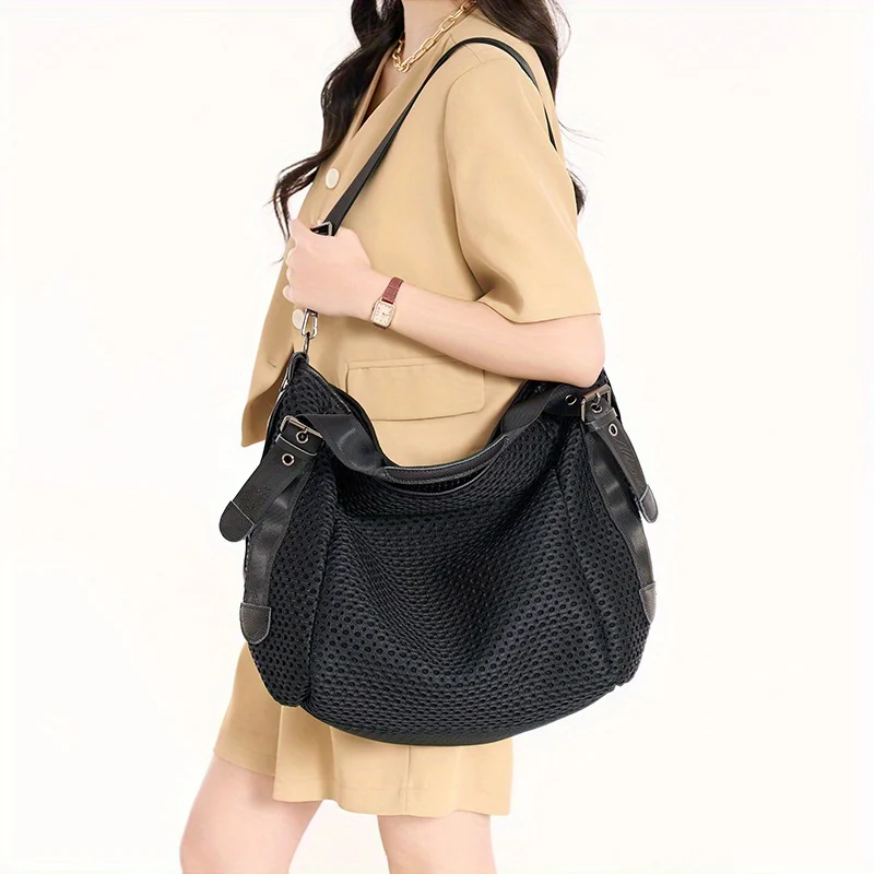 Casual Black Mesh Hobo Bag Women Slouchy Hollow Out Shoulder Bag Large Capacity Knit Net Tote Bag Beach Shopping Purse
