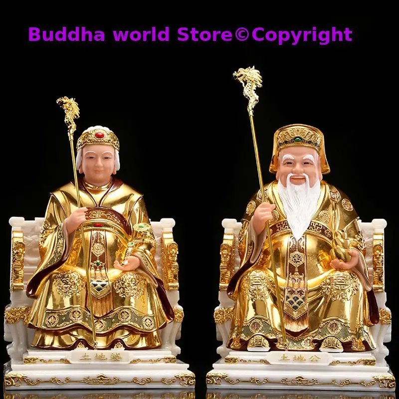 A pair 2025 Asia HOME family Worship efficacious bring wealth luck TUDI GONG PO God FU DE ZHENGSHEN jade buddha gilding statue