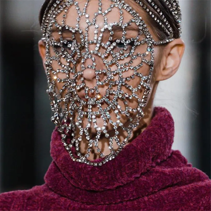 

Маскарадная маска с блестящими кристаллами и полой сеткой для женщин, украшения на все лицо, роскошные стразы, дизайн большого круглого лица, украшение