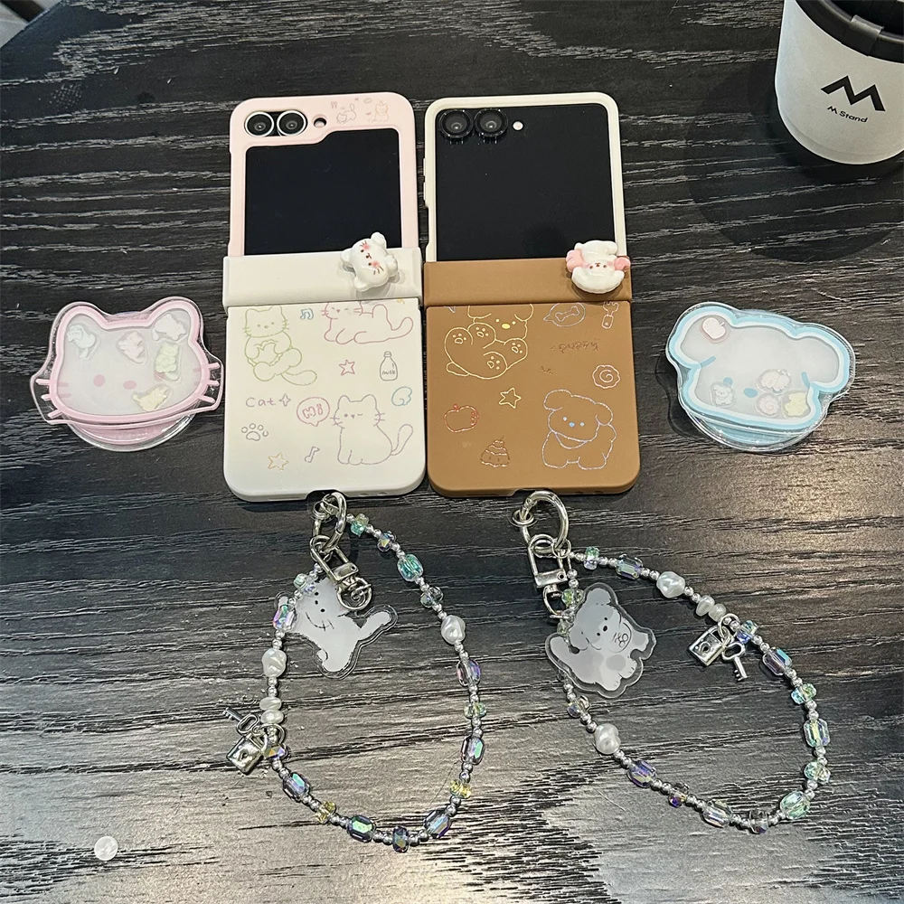 

Корейский чехол для телефона с милым щенком и котенком из мультфильма для Samsung Galaxy Z Flip 7 Flip5 flip 6 7 flip 4 3 с цепочкой для Magsafe Cas