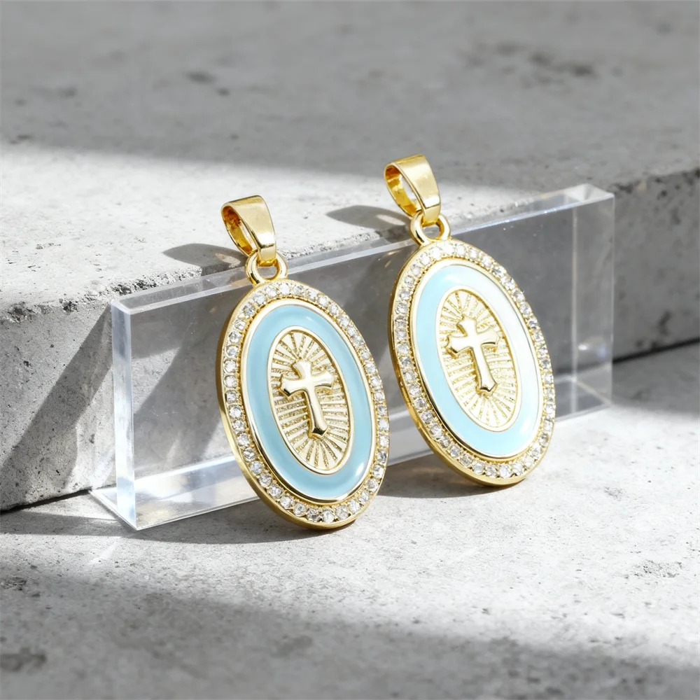 

3Pcs Pendants Brass Cubic Zircon Enamel Cross Charms for DIY Jewelry Necklace Bracelet Making Elegant Oval Religious Accessories