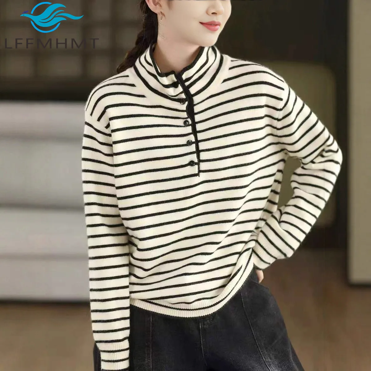 

Женский осенне-зимний модный полосатый трикотаж, пуловер, свитер с отложным воротником, высокий воротник, теплый вязаный топ в классическом стиле, женский