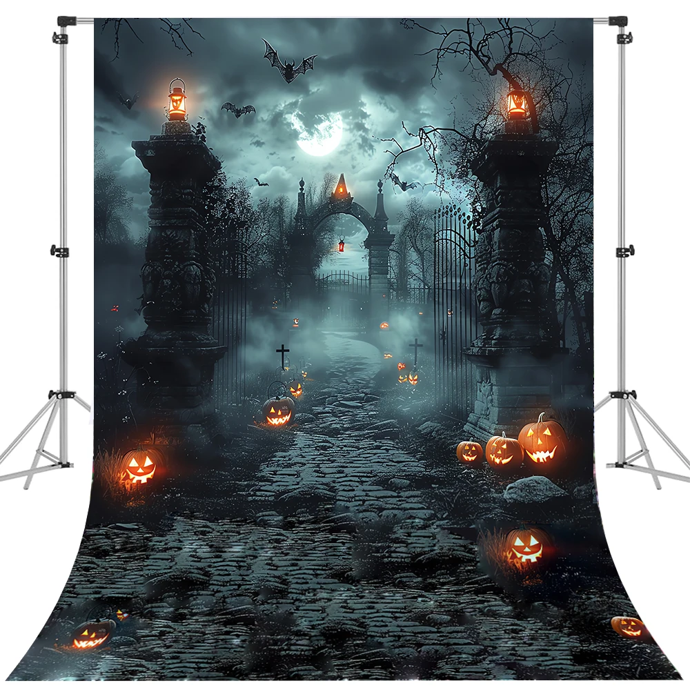 Bonvvie Halloween Photography Backdrop Horror Forest Skull Ghost Graveyard Pumpkin Lantern Background Kids Portrait Party Decor