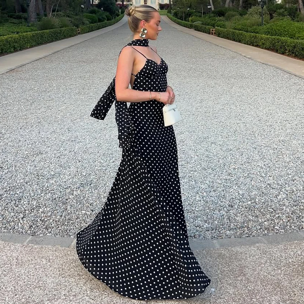 

Tuularose Summer Polka Dot Long Dress Sexy V Neck Backless Scarf Ribbon Long Dress Elegant Luxury New Women Party Evening Dress